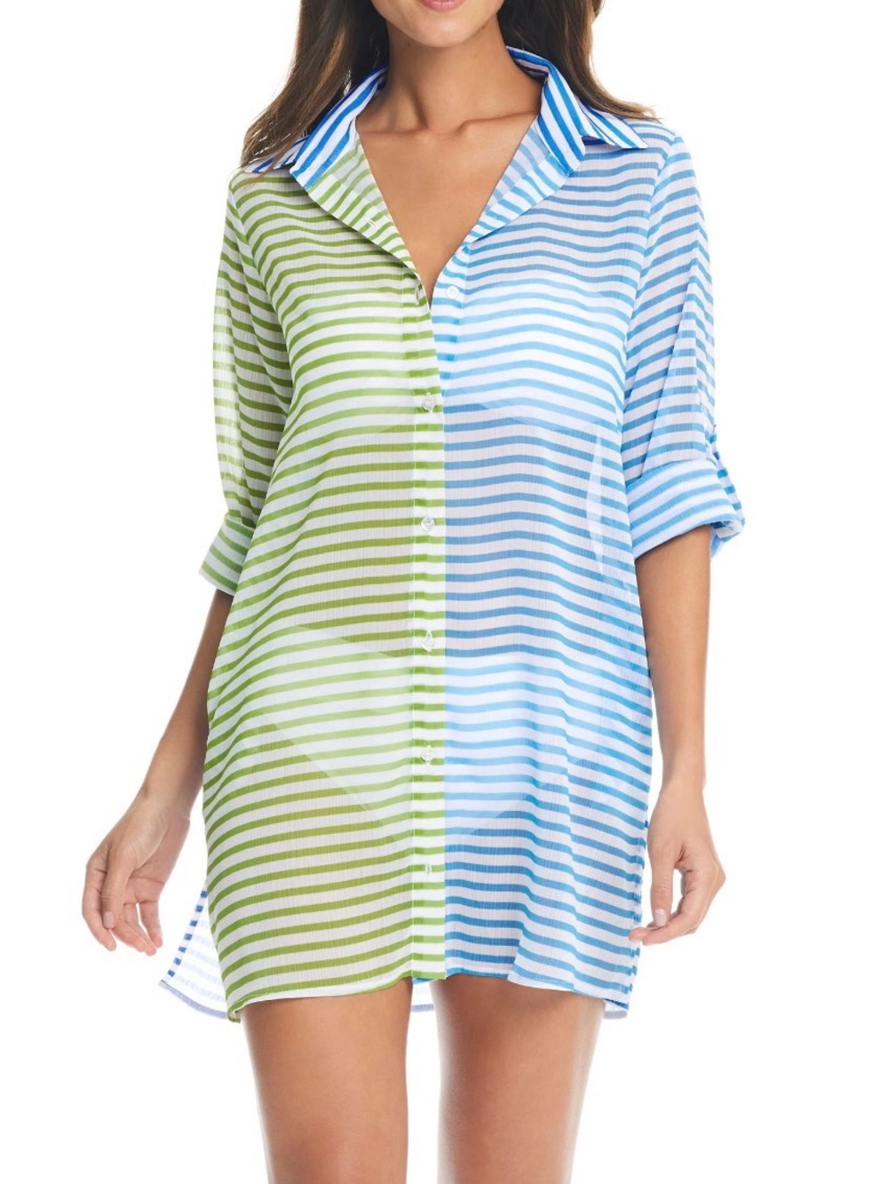 Bleu Rod Beattie Striped Two-Tone Button Down Shirt in Green & Blue